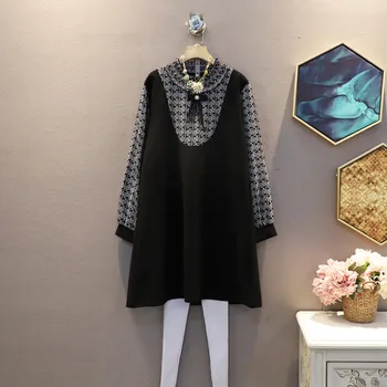 

[EWQ] 2020 Spring Autumn New High Quality Round Neck Bow Long Sleeve Splicing Loose Temperament Dress Women Oversized 3AC486