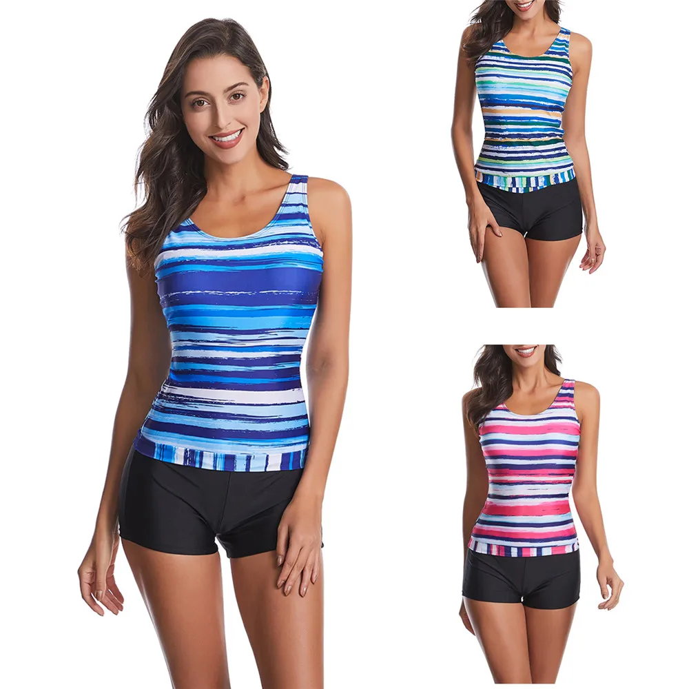 Plus Size Two Piece Swimsuit Striped Swimwear Women Shorts Tankini Push Up Modest Style Bathing Suit High Waist Beach | Спорт и