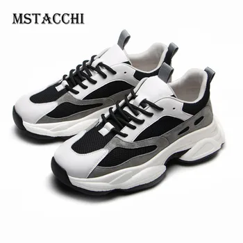 

MStacchi Classics Genuine Leather Breathable Thick Bottom Men Jogging Shoes Round Toe Cross-tied Height Increasing Student Shoes