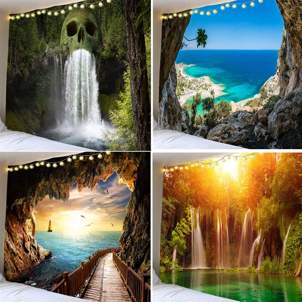 

Beautiful Beach Cave Waterfall Print Tapestry Wall Hanging Landscape Hippie Tapestries Home Mural Decoration Rug Carpet Blanket