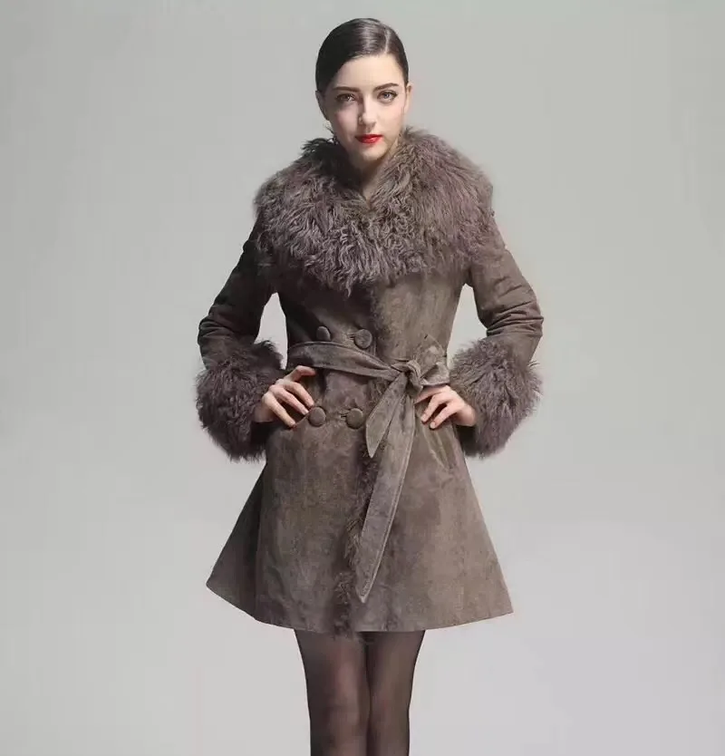 Rf1995 натуральная замша кожа пальто большой Овцы меховой воротник и манжеты натуральная кожа куртка женская - Цвет: Хаки