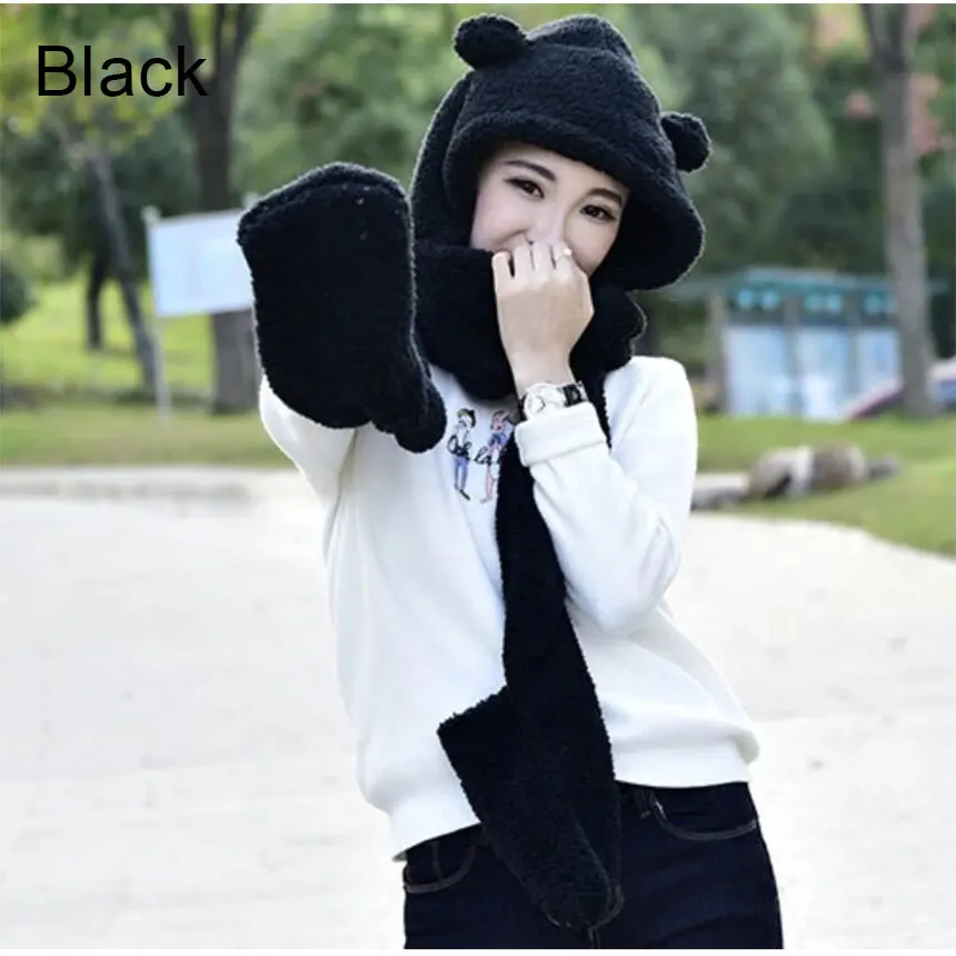 Женские теплые зимние шапки для девочек черные/панда/кофе 3 в 1 многофункциональные в плюшевой шляпе зимние теплые шарфы с Капюшоном