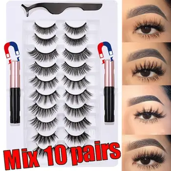 

10 Pairs Magnetic Fake Mink Eyelashs Set Magnet Liquid Lashes Tweezer Magnetic Long Waterproof Eyeliner& Flase & Lasting Se O7G9