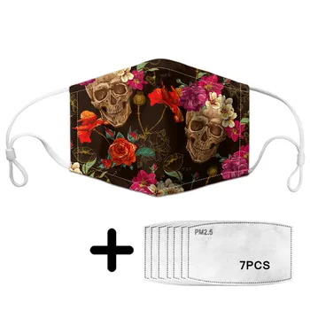 

Rose Sugar Skull Pattern Women Men Anti-dust Masks with 7Pcs Filter Fashion Reusable Face Mask Non-disposable Moth Mask Outdoor