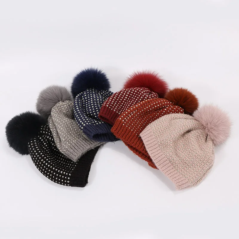 Skullies зимняя шапка Роскошное Качество помпон из лисьего меха шапки Золотая