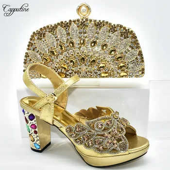 

Amazing gold high heel pumps with bag set latest sandal shoes and purse handbag set with crystal stones 398-2 heel height 9cm