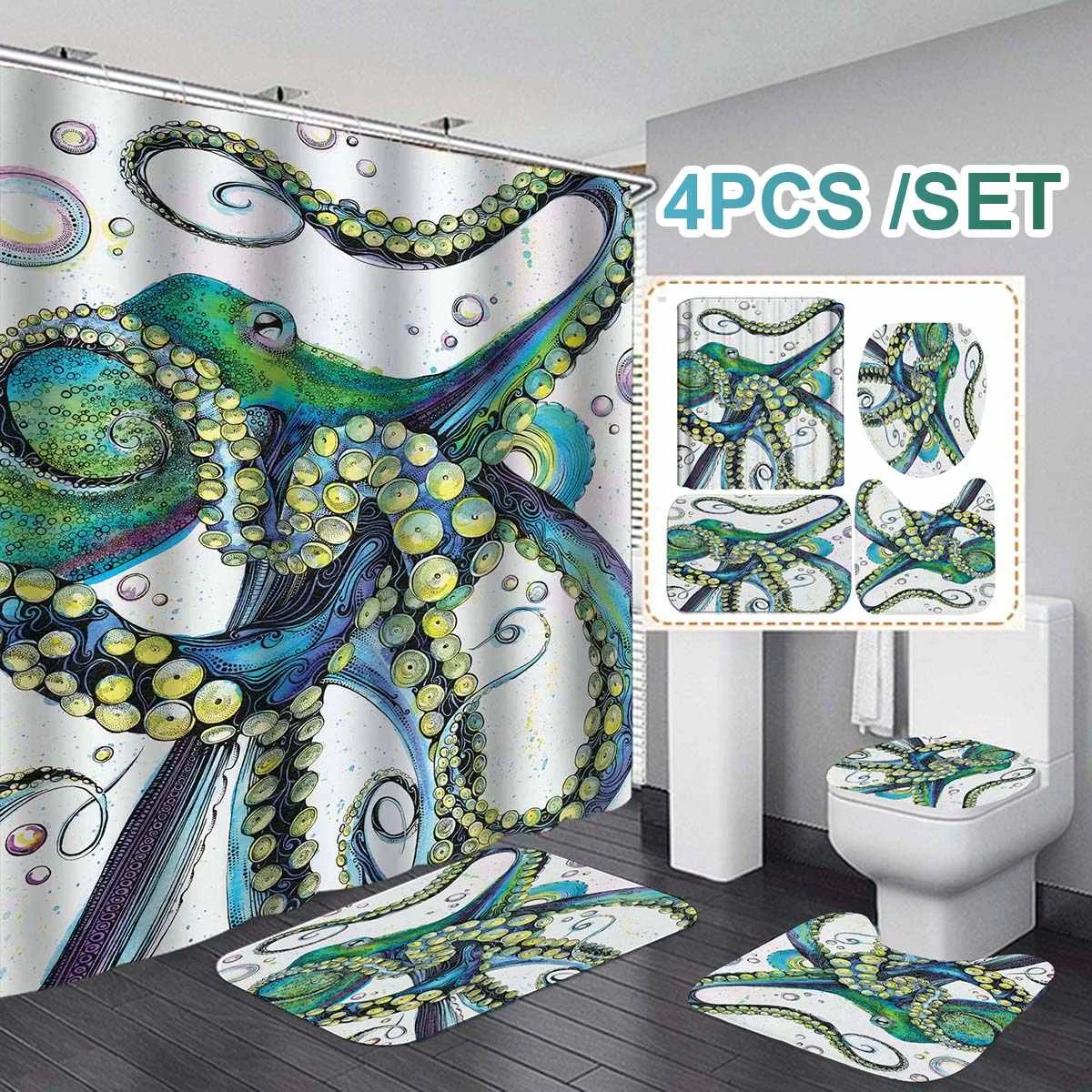 

Sea Octopus Printing Waterproof Polyester Bathroom Curtain Fabric for Bathtub Decoration Shower Curtains Set