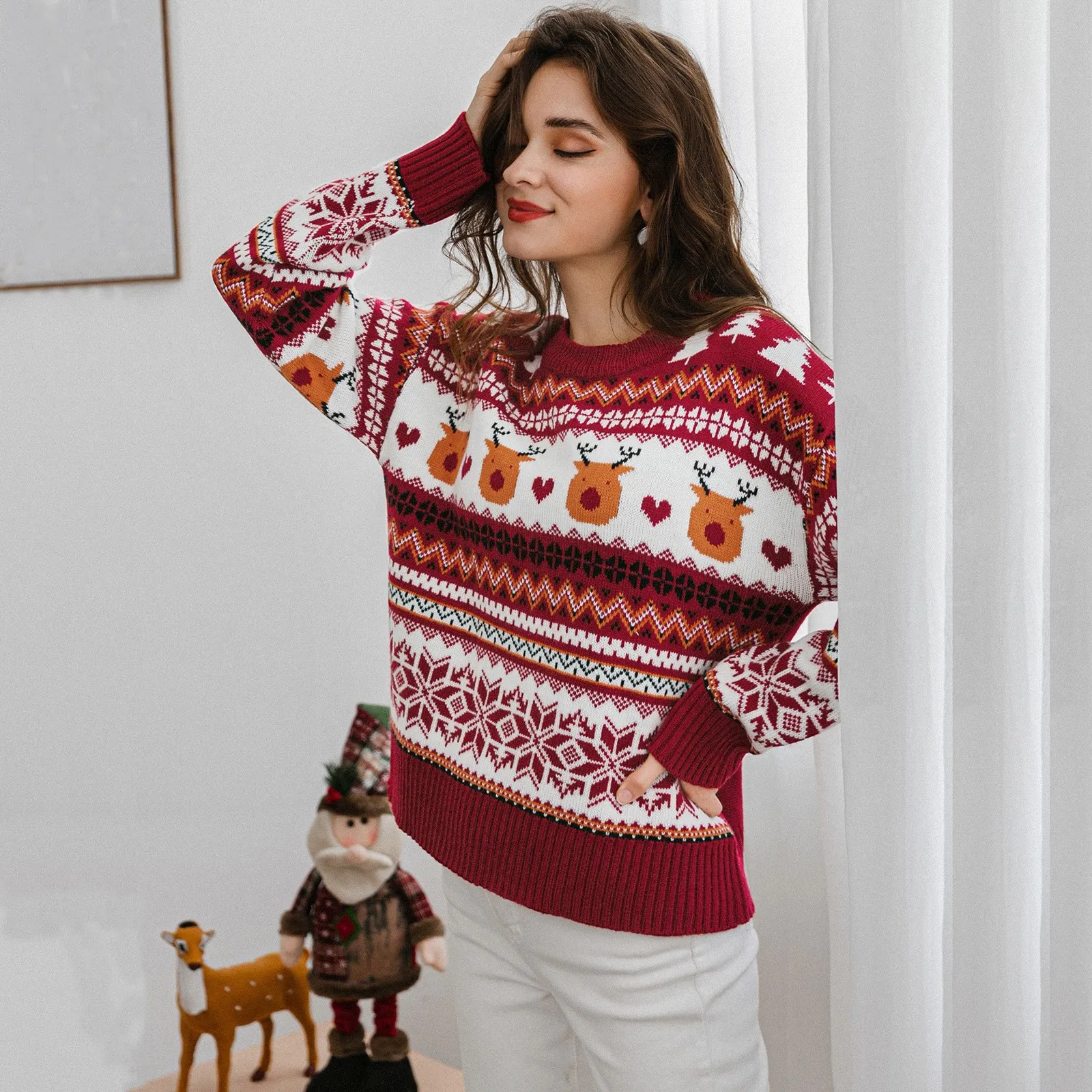 Christmas Sweater Top Casual Xms Casual Jumper White/ Red Stripe Knitted Jumpers