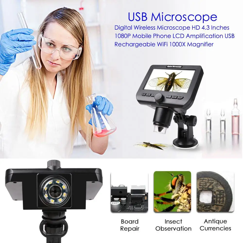 

Durable Digital Wireless Microscope HD 4.3 Inches 1080P Mobile Phone LCD Amplification USB Rechargeable WiFi 1000X Magnifier