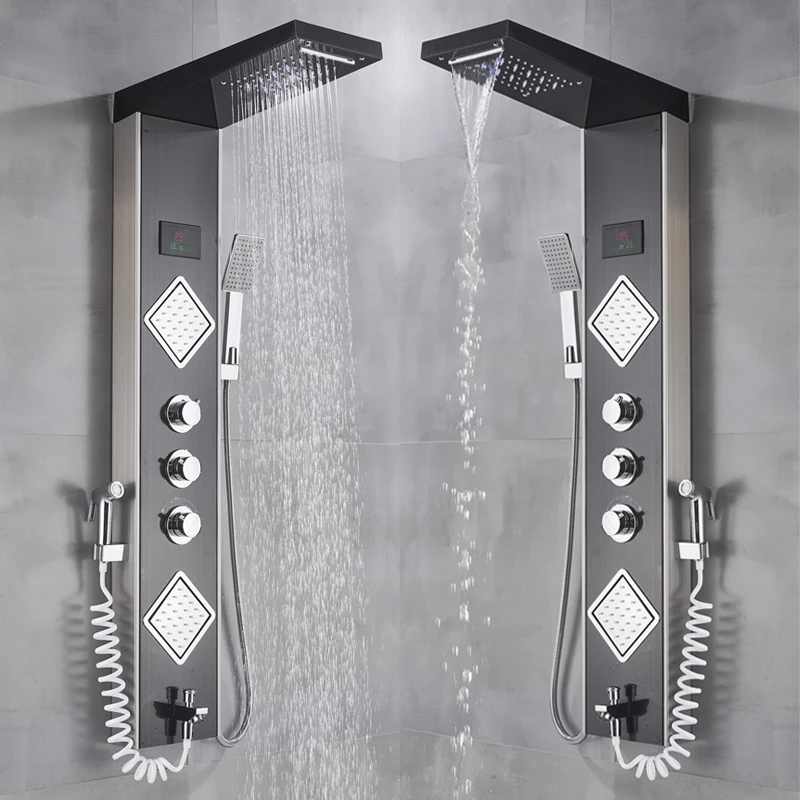 Uythner Роскошный Матовый никель смеситель для ванной комнаты светодиодный душ панель Колонка Ванна Смеситель кран W/ручной душ температурный экран