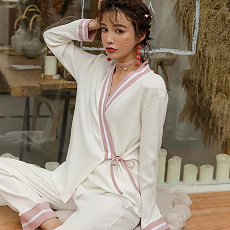 Long Sleeve Nightgown Top Trousers Pregnant Pajamas Set Thin Small Pit Strip Maternity Summer Tops Pregnancy Nightwear