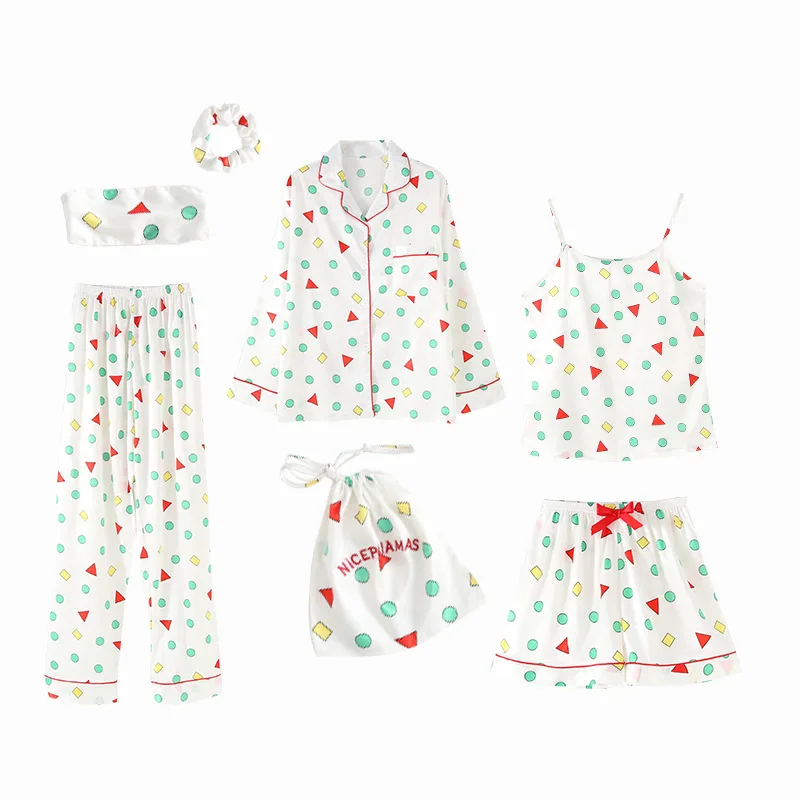 

Wechat Business Hot Selling Crayon Seven Sets Imitated Silk Fabric Vest Geometry Pajamas Female Spring And Autumn Homewear Set