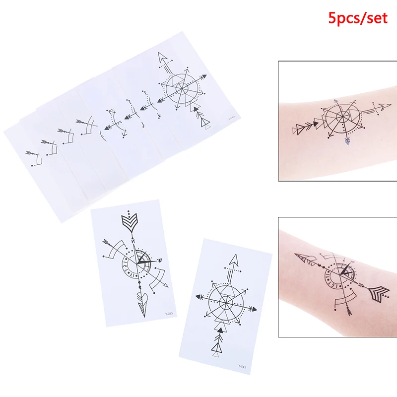 5pcs Black Compass Temporary Tattoo Stickers Arm Art Men Fake Tatoos Heart Women Transfer Tattoo Flash Fake Tattoos For Men
