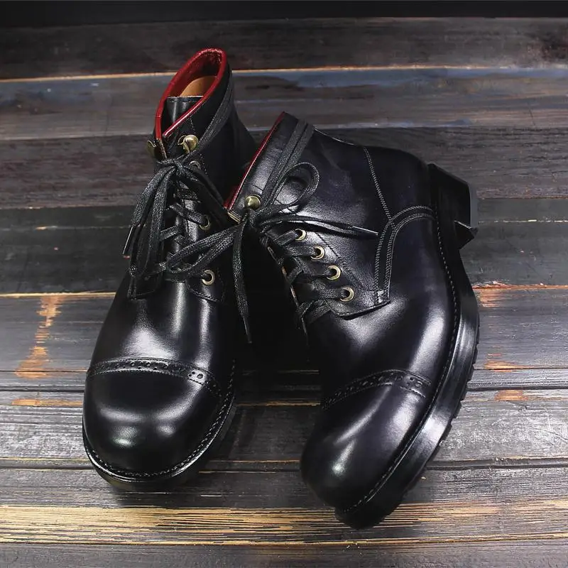 Handmade Mens Black Cap Toe Lace Up High Ankle Business Leather Dress Boots
