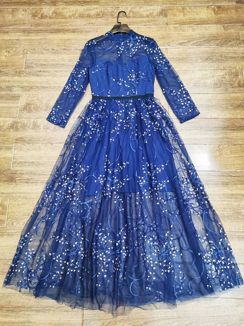 Цянь Хан Цзы весна лето дизайнерское Модное Длинное Платье женское с длинным рукавом Элегантное синее Сетчатое платье макси с вышивкой