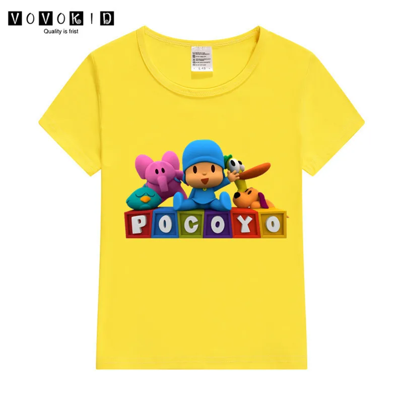 Забавная футболка с принтом «Pocoyo» для маленьких девочек и мальчиков, Детская летняя футболка, рубашка на День Благодарения - Цвет: T127O-yellow