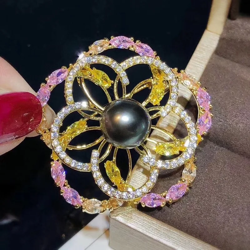 

DIY accessories thick gold plated micro set zircon shell pearl has hollow out flower brooch dress female pin pearls