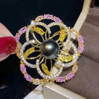 

DIY accessories thick gold plated micro set zircon shell pearl has hollow out flower brooch dress female pin pearls