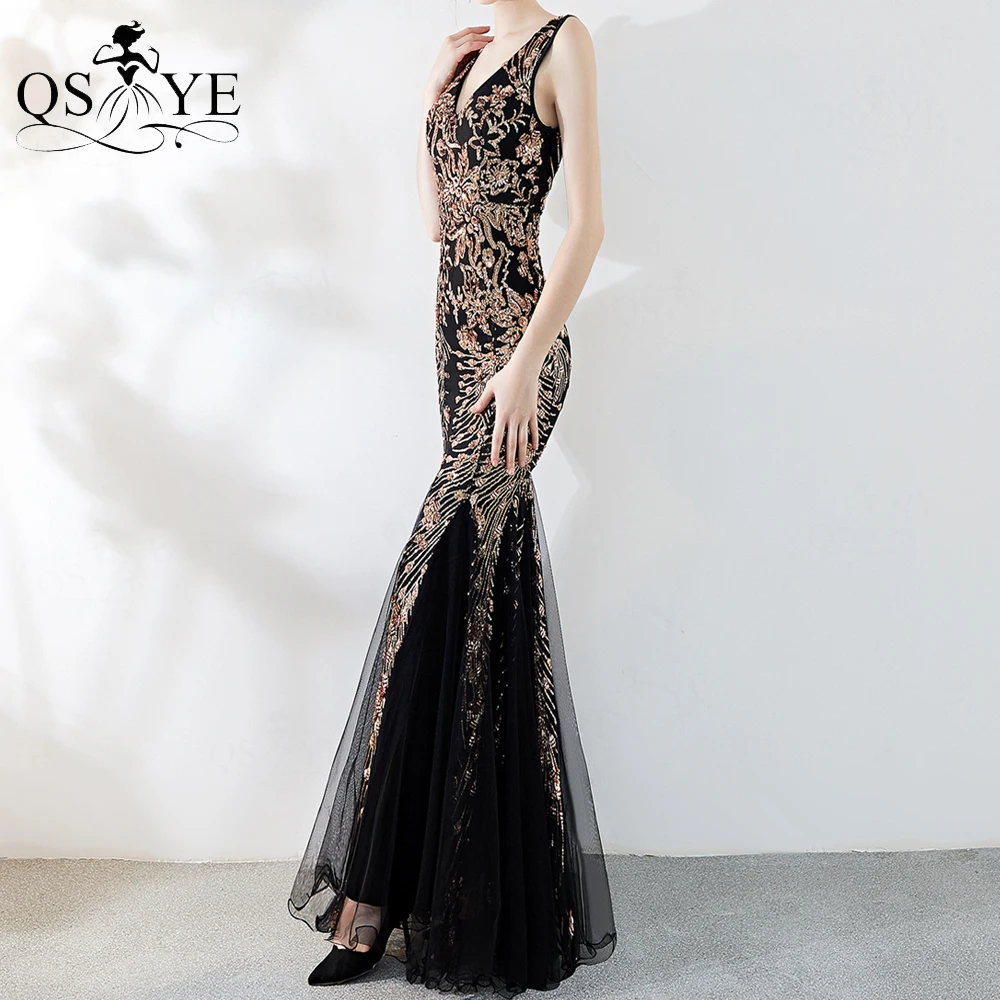 QSYYE Double-V Black Mermaid Evening Dress Gold Lace Tulle