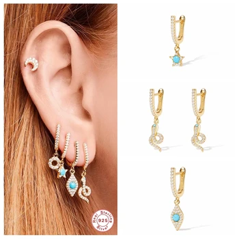 

925 Sterling Silver Fine Earring Bohemia Bling Blue CZ Snake Hoop Earrings for Woman Anniversary Party Gift Piercing Pendientes