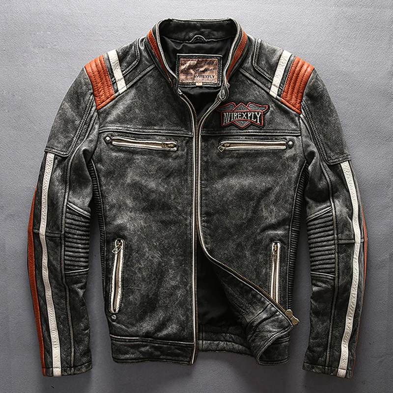 Obtenga esto Chaqueta de motociclista para hombre, abrigo Vintage de cuero genuino, con cuello levantado, bordada, de cuero de vaca, 2021 pBQKMe0nGw9