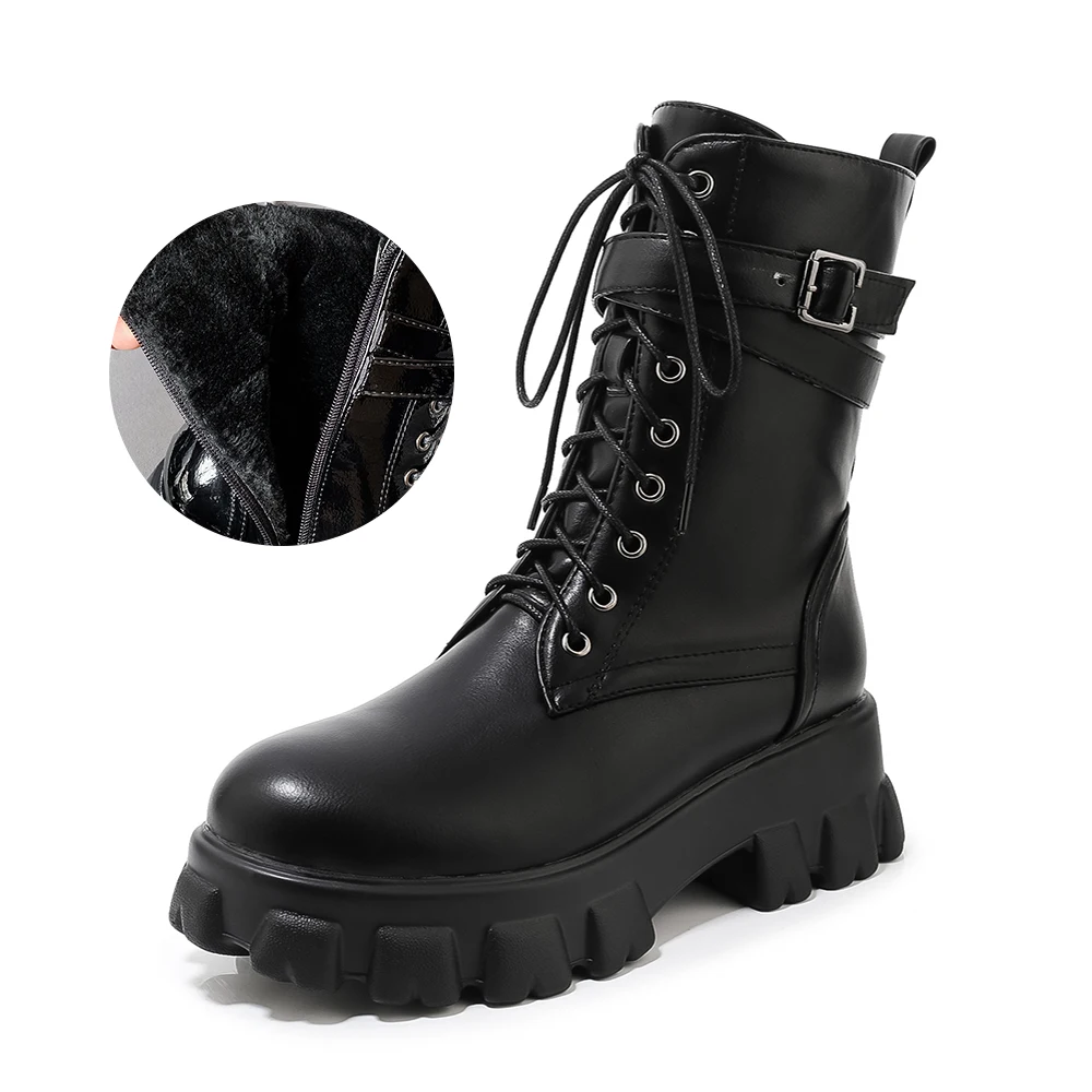 black fur Большие размеры 34-46; модные теплые плюшевые зимние женские ботильоны; женские кожаные осенние мотоботы на шнуровке; женская обувь - Цвет: black fur