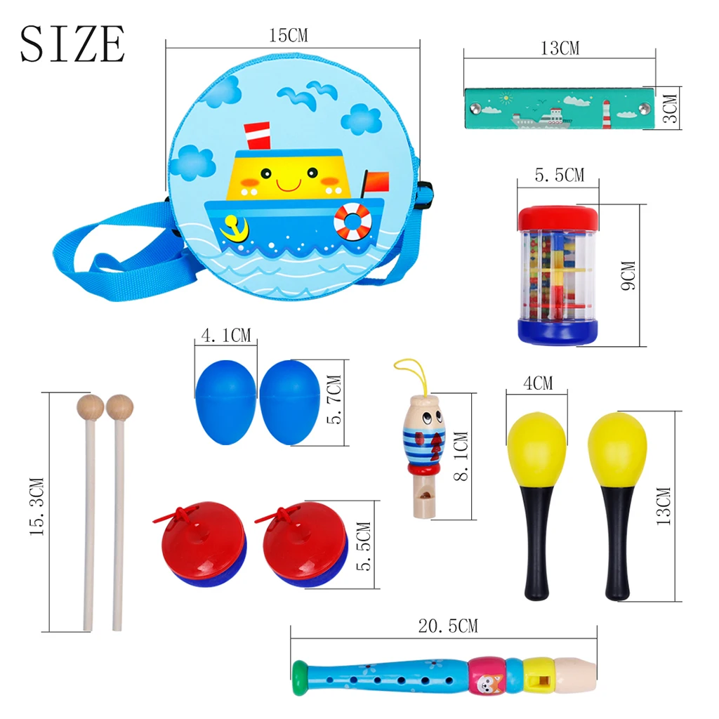 8pcs/set Kids Musical Instrument Toys Kit Double-sided Drum Clarinet Fish Whistle Rain Sounder Cartoon Harmonica for Girls Boys