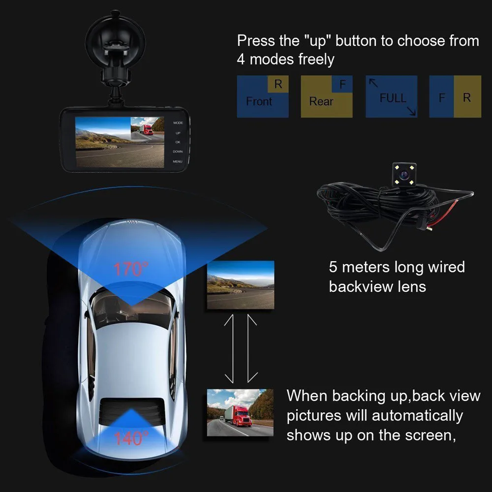 4 ''Lcd Ips Двойной объектив Автомобильный видеорегистратор широкий угол заднего вида парковочная камера Fhd 1080p камера на приборной панели 170 ° для вождения Dvr D2