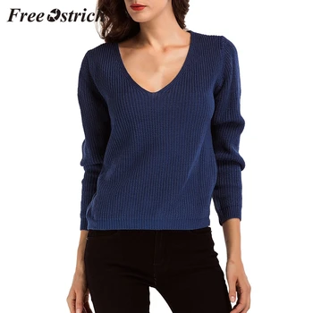 

FREE OSTRICH Women's autumn winter knit sweater thick long sleeved deep V-neck pullover sweater loose casual solid color sweater
