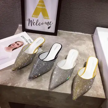 

2020 Spring Women Slippers Pointed Toe Rhinestone Crystal Sandals Slides Slip On Casual Fashion Elegant Pumps Outdoor Party Mule