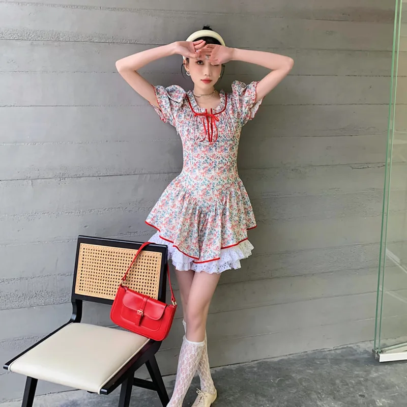 

LWomen Floral Lace Patchwork Bubble Sleeve Short Dress Vintage Fit Female Fashion Tide Summer 2021 New Arrivals Z546