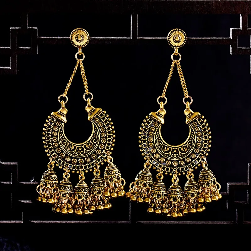 

Women's Vintage Ethnic Gypsy Water Drop Gold Indian Earrings Boho Jewelry Retro Bell Tassel Hollow Ladies Jhumka Earrings