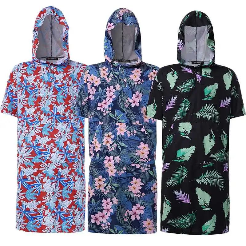 Модные мужские халаты с цветочным принтом, короткий рукав, 2019 пончо с капюшоном, дышащие, быстросохнущие халаты, пляжное полотенце, мужские