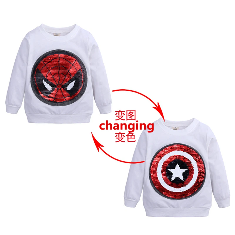 Детская футболка с блестками, меняющим лицо хлопок футболка с рисунком marvel футболка с человеком-пауком футболка с длинными рукавами на осень и зиму - Цвет: White