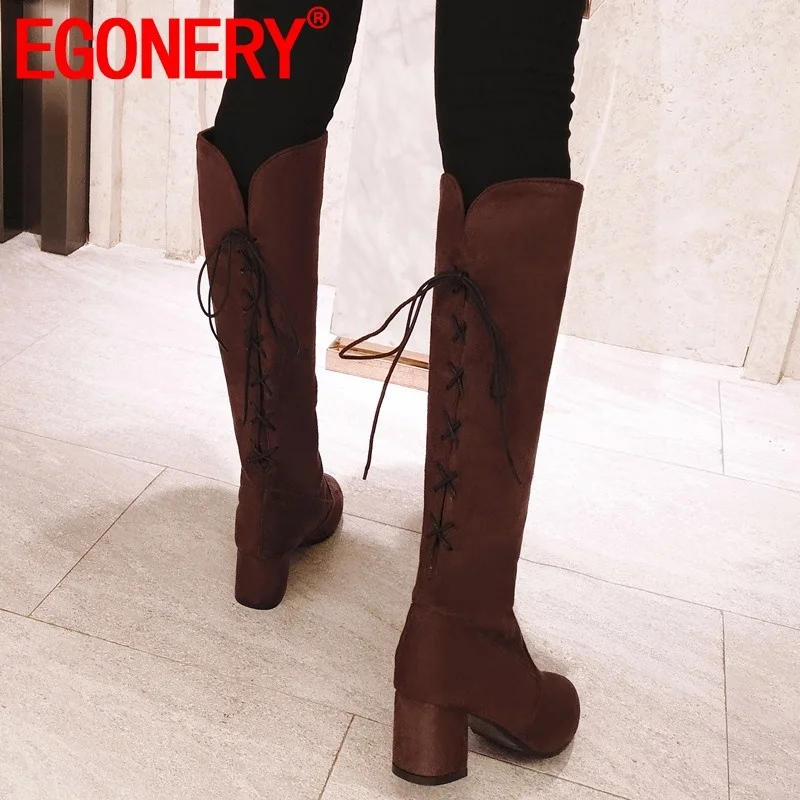 

EGONERY winter new concise flock knee high boots outside warm high heels cross-tied plus size office women shoes drop shipping