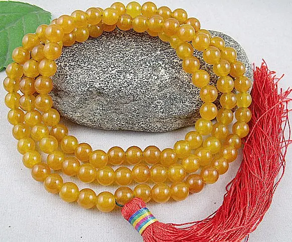 

8mm Tibet Buddhism 108 Yellow Chalcedony Mala Necklace+New +No Elastic