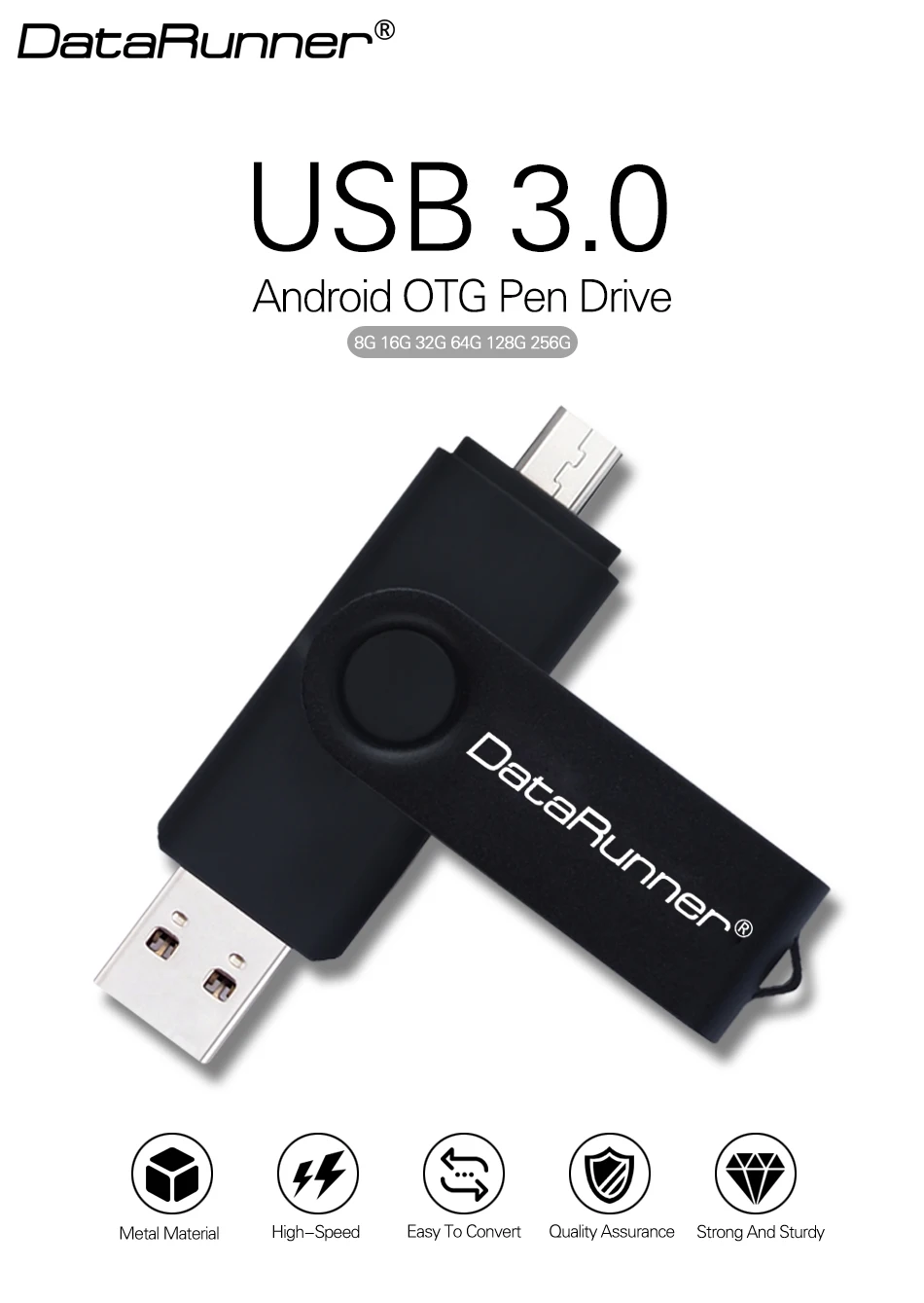 DataRunner OTG USB флеш-накопитель Высокоскоростной Usb 3,0 флеш-накопитель 256 ГБ 128 Гб 64 ГБ 32 ГБ 16 ГБ флеш-накопитель 2 в 1 карта памяти Micro USB