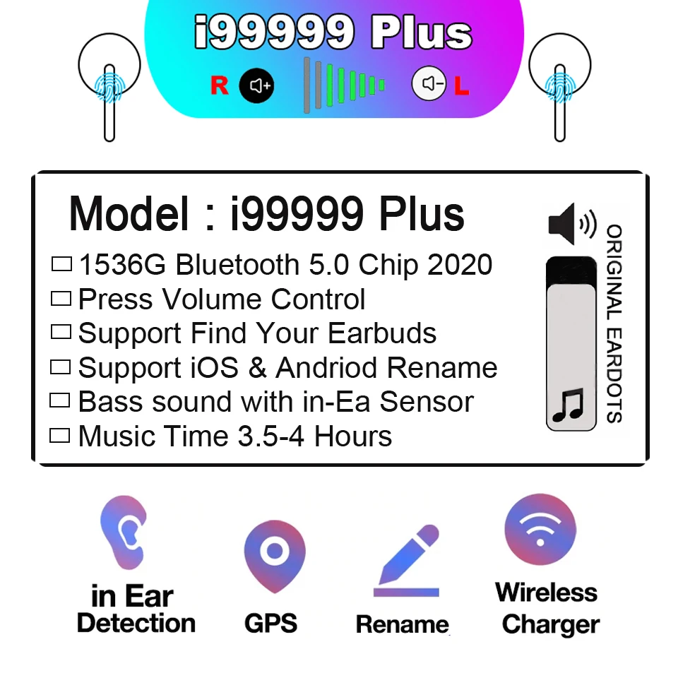 Оригинальные беспроводные наушники i99999 Plus TWS Air2 переименованные Bluetooth 5 0 с