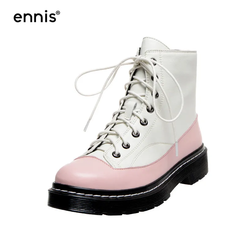 Pink ENNIS/Новые Ботинки martin на платформе; женские розовые ботинки; ботильоны на шнуровке; кожаная обувь черного и белого цвета на плоской подошве; сезон осень-зима; большие размеры; A9302 - Цвет: Pink