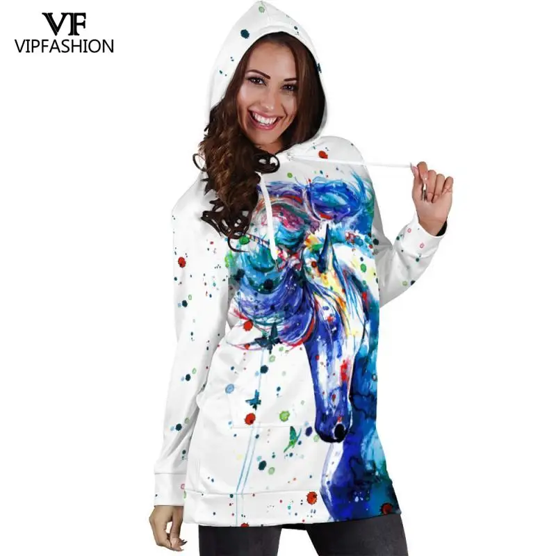

VIP FASHION Autumn Winter Hood Dress Cartoon Unicorn Print Long Sleeve Femme Tracksuit Women's Fashion Streetwear Hoodie Dress