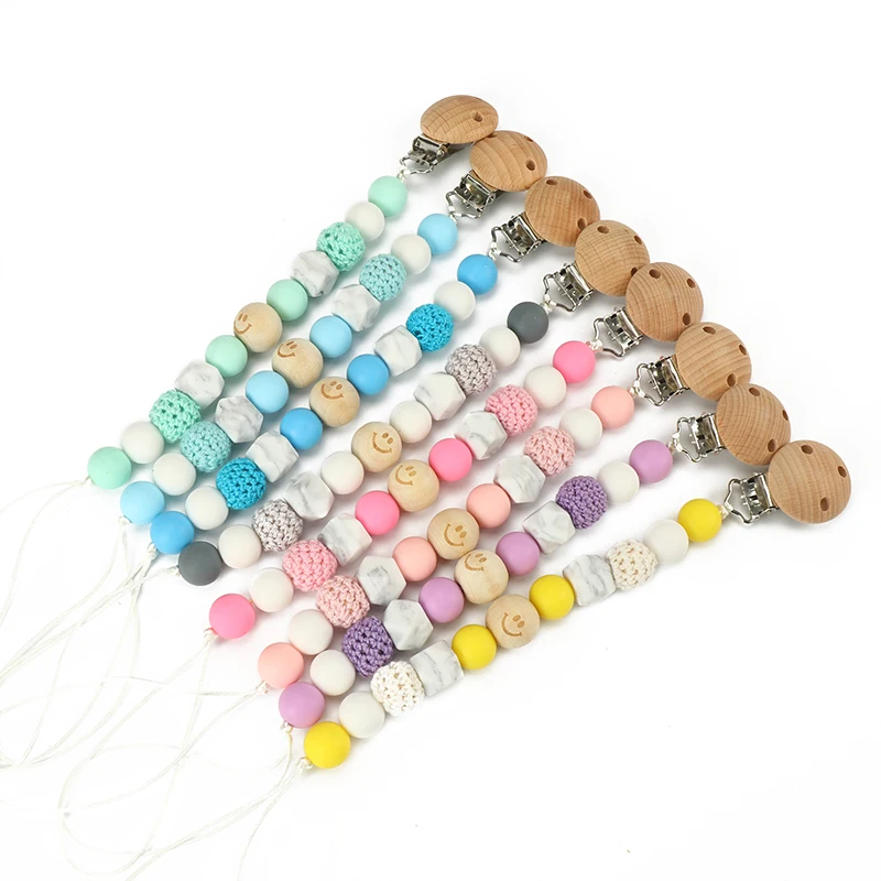 

New Handmade Silicone Pacifier Chains Safe Teething Chain Baby Beech Wood Teether Eco-friendly Pacifier Clips Holder Chain