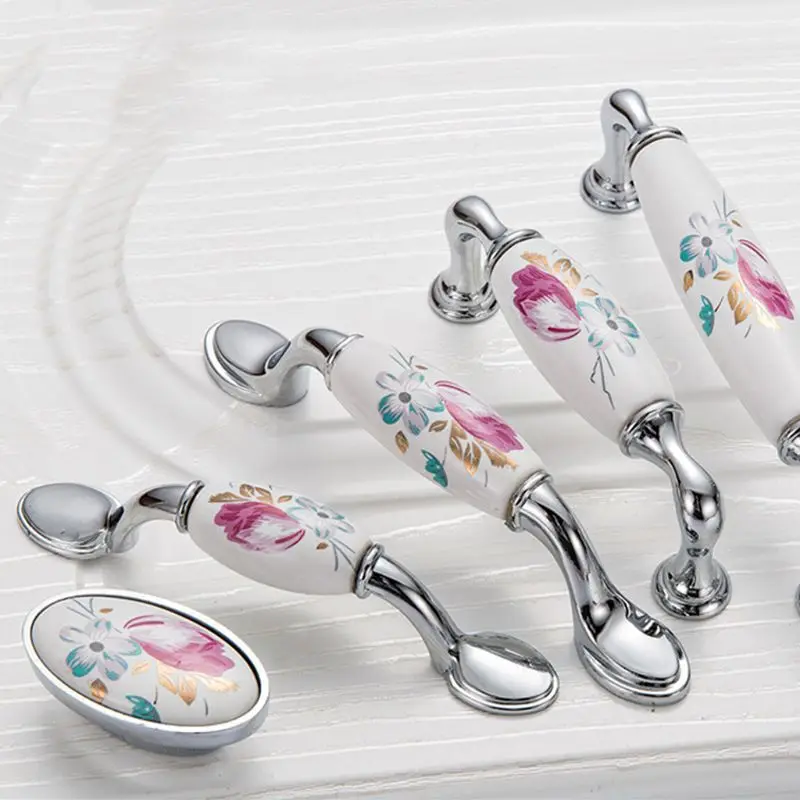 

Tulip Printing European Pastoral Ceramic Handle Modern Minimalist Bright Chrome Cabinet Drawers Shoe Cabinet Cabinet Door Handle