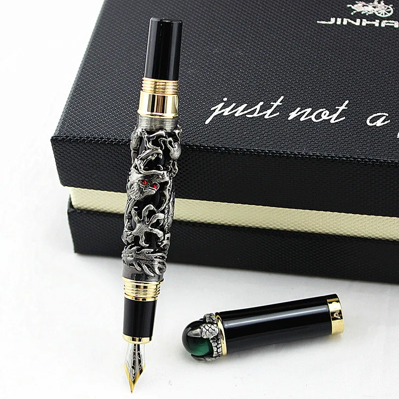 Luxo em Relevo Jinhao Dragão Jogar Verde Grânulo Caneta Fonte 18kgp Médio Nib Presente Coleção Canetas Rei 17 verde grânulo caneta fonte 18kgp médio nib presente coleção canetas