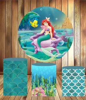 

Round circle panel background Cartoon little mermaid birthday party decor mini dessert table fabric 3 cylinder plinth cover