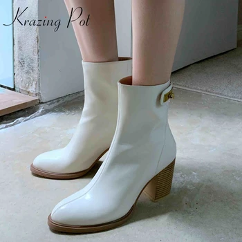 

krazing pot gladiator natural leather metal fasteners high square heel round toe zipper pretty girls fashion mid-calf boots L01