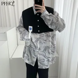 Pfhq 2021 nova moda masculina solto lapela cor combinando camisa e destacável de malha xale duas peças primavera e outono 21e4307