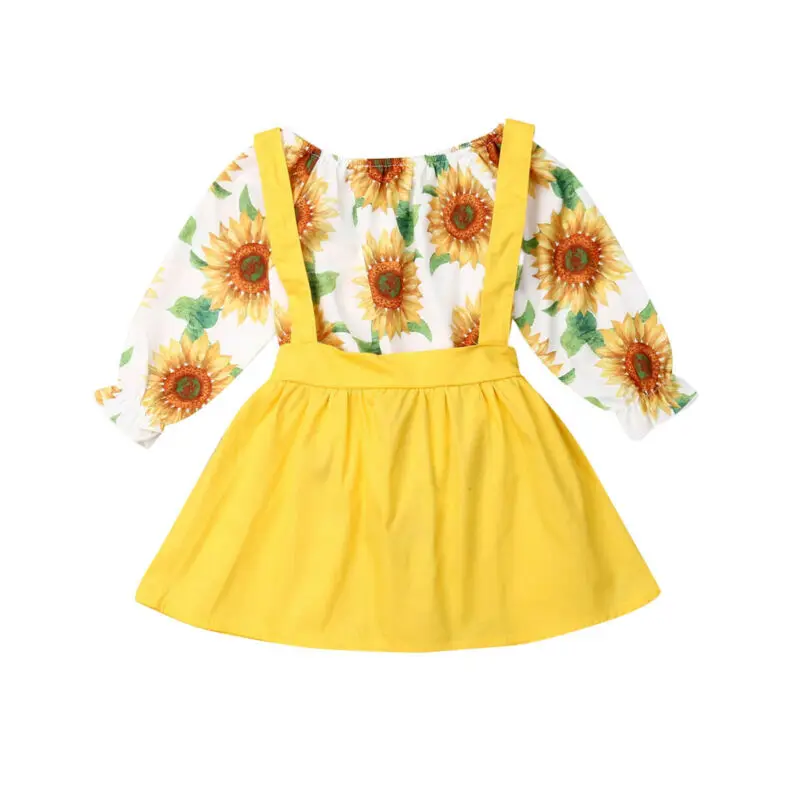 

2019 New Autumn Children's Suit for Girls Sunflower Print Long Sleeve Sling Yellow Short Skirt 2pcs Toddler Baby Girls Clothing