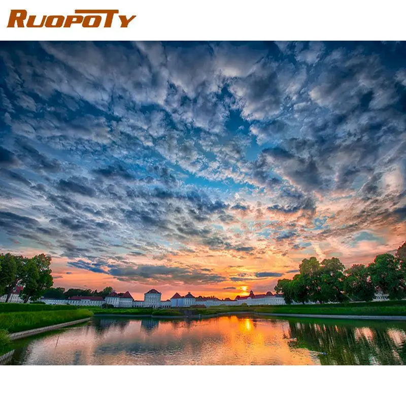 

RUOPOTY Frame Sunset glow DIY Painting By Numbers Rriver Landscape Wall Art Picture Acrylic Home Decors Artwork Diy Gift