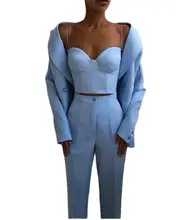 

New Tailored Sky Blue Peaked Lapel Double Breasted Fashion Women Suits Formal Slim Fit Casual Daily Wedding Prom Party Wear 2Pcs
