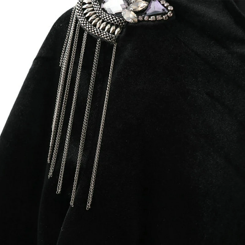 Сексуальный бархатный комбинезон с открытой спиной, комбинезон с длинным рукавом, женский комбинезон в Корейском стиле с отделкой бисером и кисточками, черный комбинезон kawaii